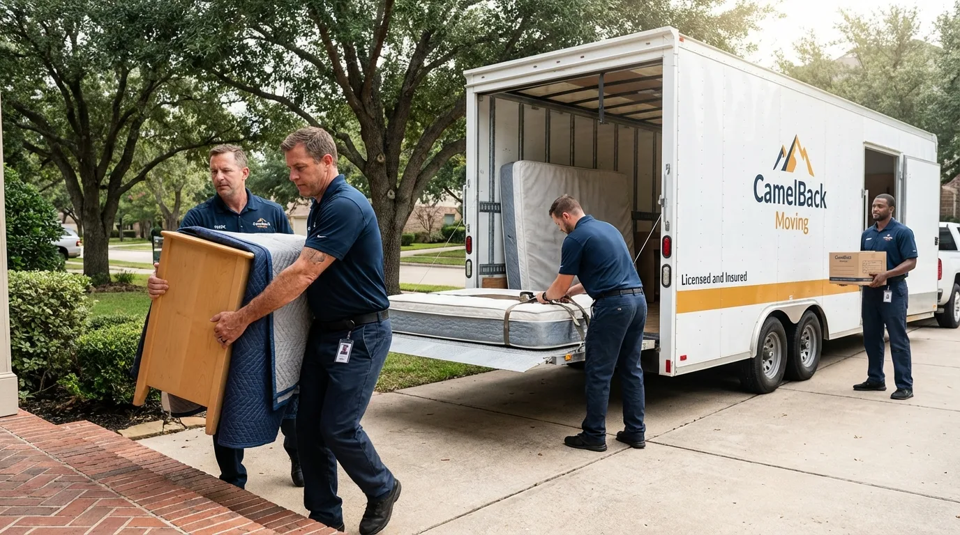 Crew loading residential truck for cross-state move from Hampton, IL