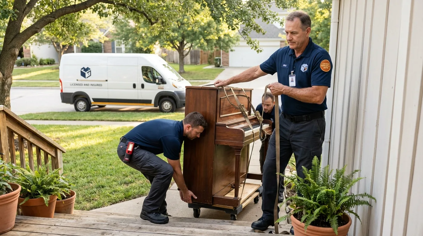 Licensed piano movers securing grand piano in Hampton, IL