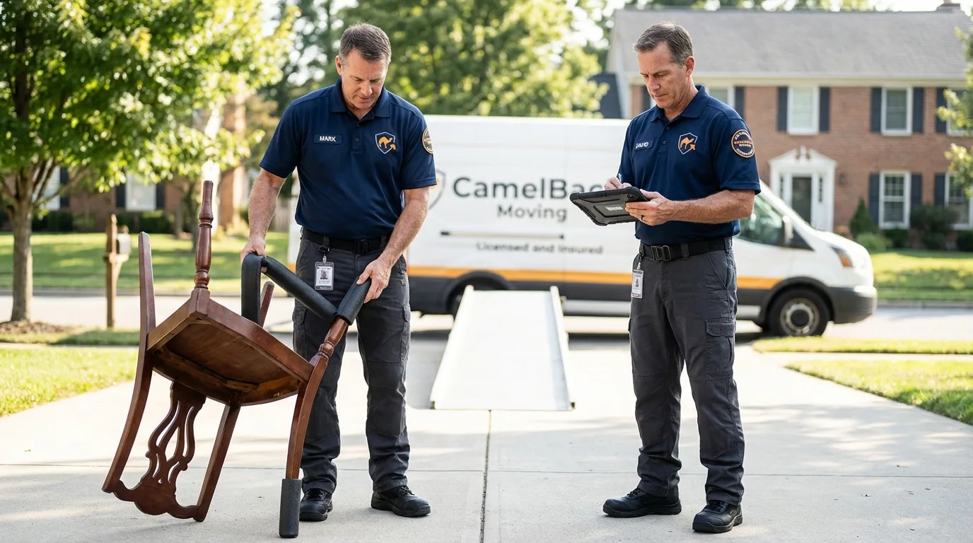 Movers inspecting furniture for damage prevention before loading in Hampton, IL