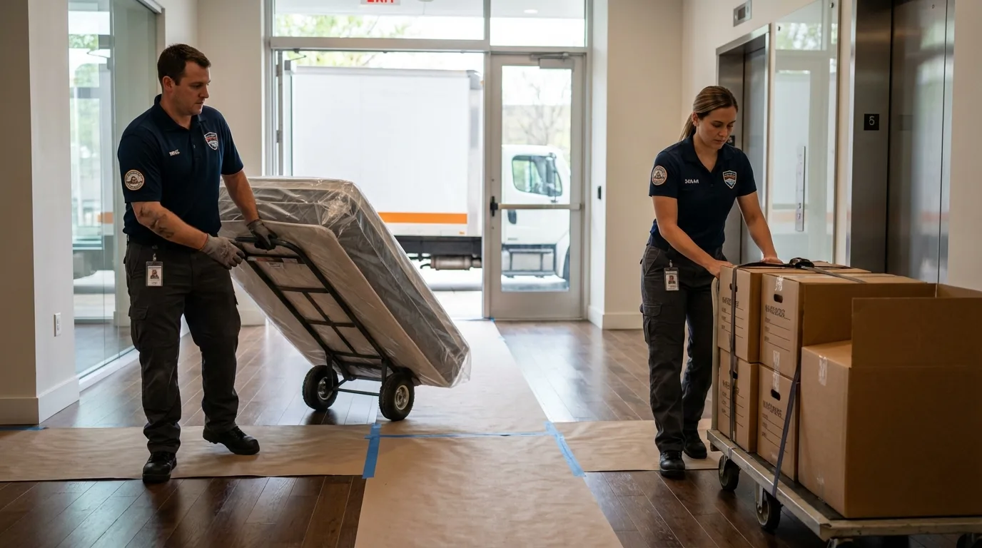 Professional apartment movers loading elevator in Hampton, IL