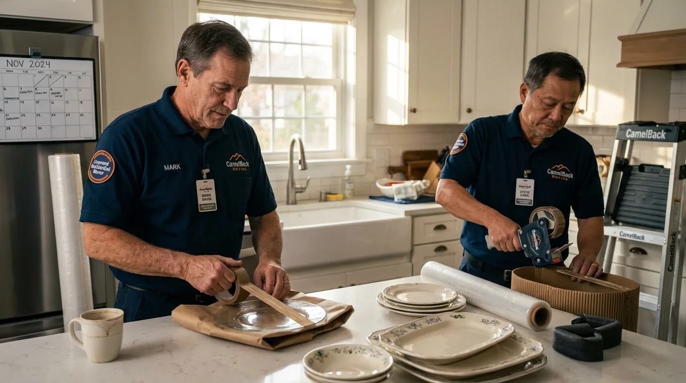 Professional crew packing kitchen dishware in Hampton, IL